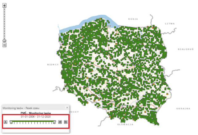 Monitoring lasów- Pasek czasu - zmiana liczby obiektów