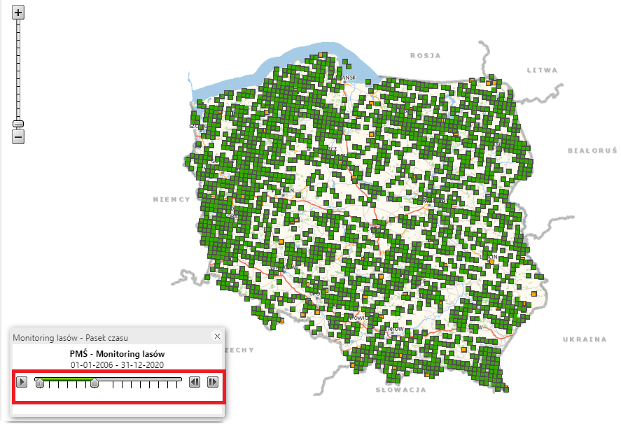Monitoring lasów- Pasek czasu - zmiana liczby obiektów